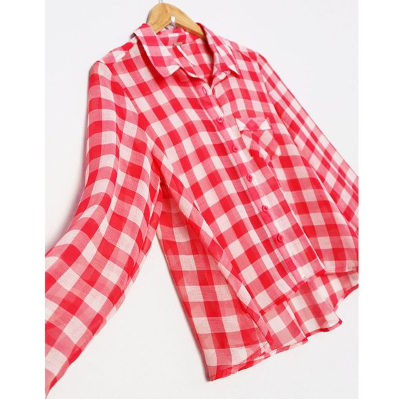 Free People Red Gingham Plaid Semi Sheer Flowy Button Front Shirt Size S Airy - Picture 8 of 15